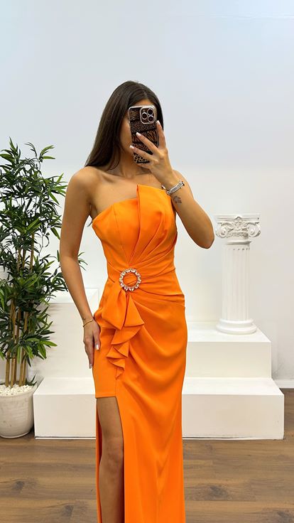 Orange One Shoulder Evening Dress with Stone Detail