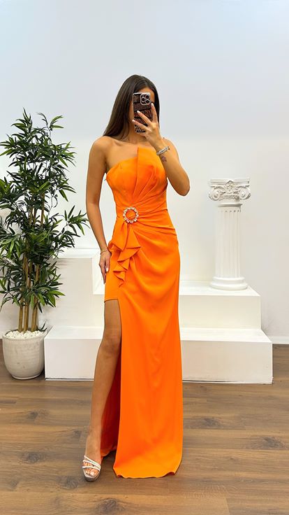 Orange One Shoulder Evening Dress with Stone Detail