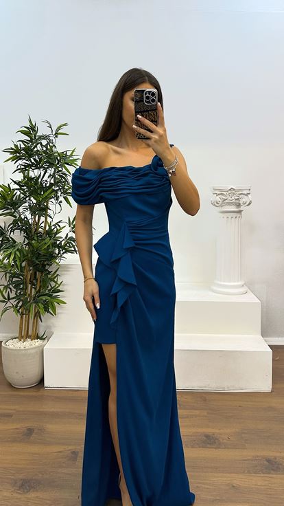 Petrolfarbenes  einseitig schulterfreies Rüschen Abendkleid