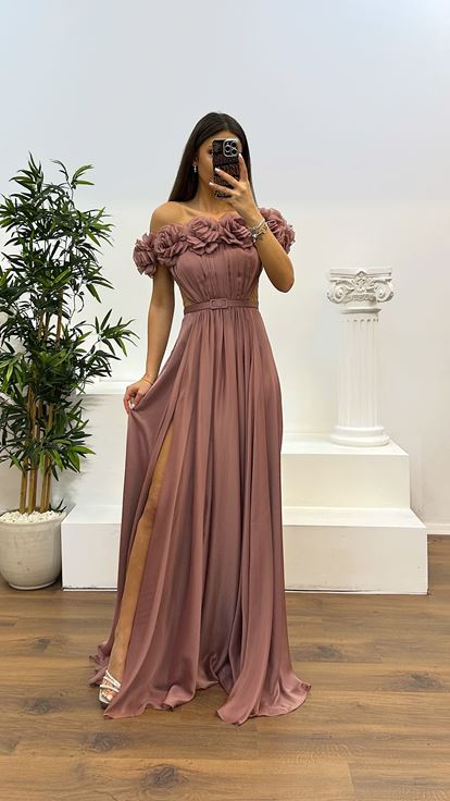 Pudra Straplez Göğsü Gül Bel Detay Abiye Elbise