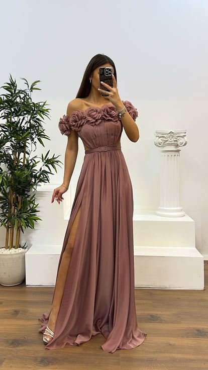 Pudra Straplez Göğsü Gül Bel Detay Abiye Elbise