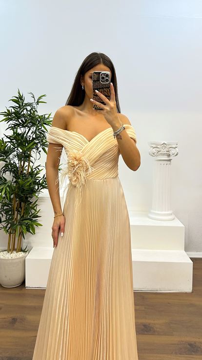 Gold Madonna Collar Pleated Evening Dress