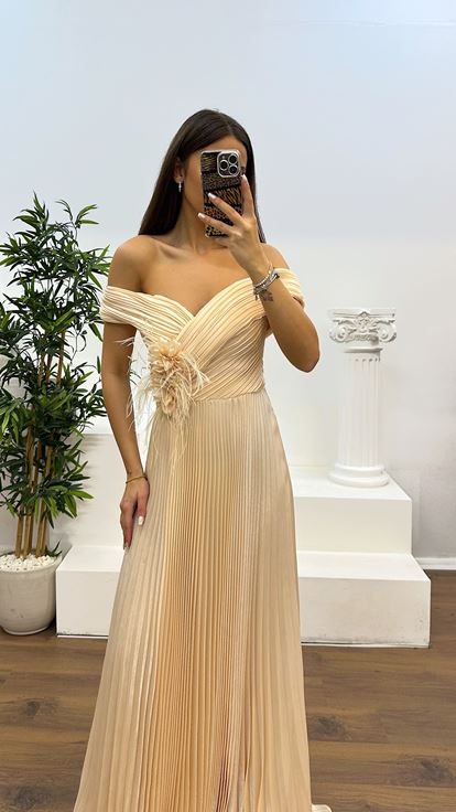 Gold Madonna Collar Pleated Evening Dress