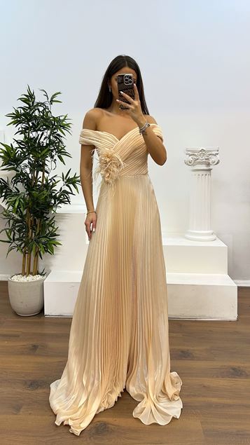 Gold Madonna Collar Pleated Evening Dress