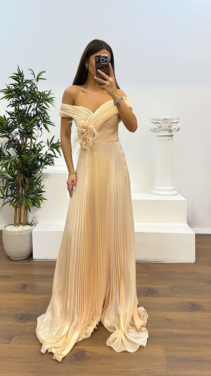 Gold Madonna Collar Pleated Evening Dress