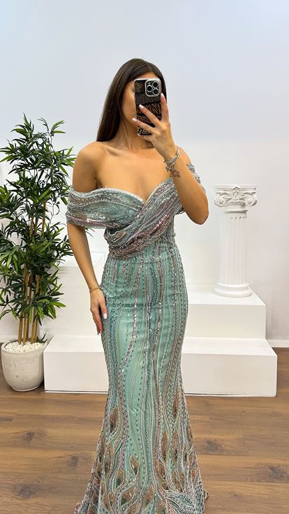 Mint Madonna Collar Embroidered Evening Dress