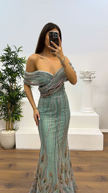 Mint Madonna Collar Embroidered Evening Dress