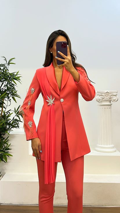 Şeftali Broş Detaylı Ceket - Pantolon Takım Abiye