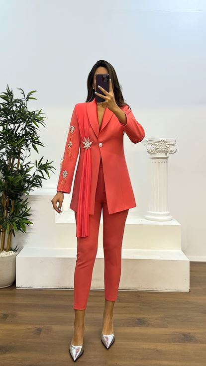 Şeftali Broş Detaylı Ceket - Pantolon Takım Abiye