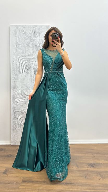 Emerald Embroidered Draped Satin Evening Dress