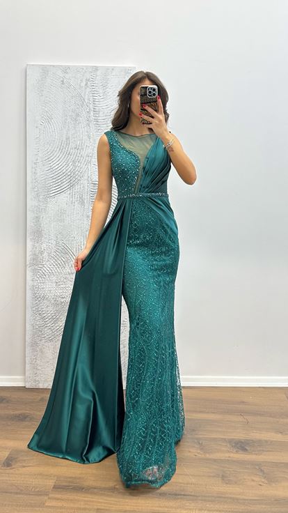Emerald Embroidered Draped Satin Evening Dress