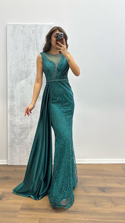 Emerald Embroidered Draped Satin Evening Dress