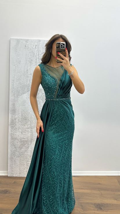 Emerald Embroidered Draped Satin Evening Dress
