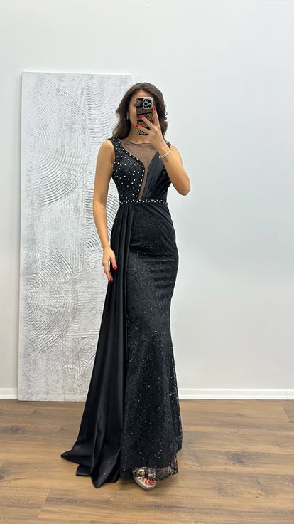 Black Embroidered Draped Satin Evening Dress