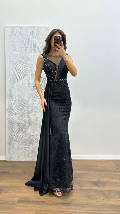 Black Embroidered Draped Satin Evening Dress