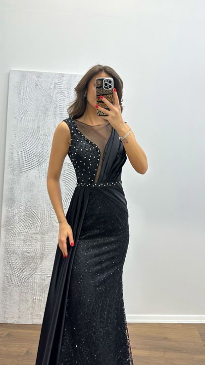 Black Embroidered Draped Satin Evening Dress