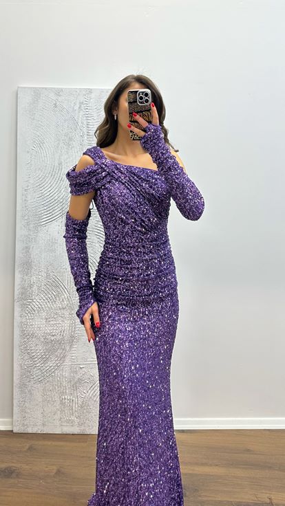 فستان سهرة مزين بالترتر بلون أرجواني فاتح بكتف واحد