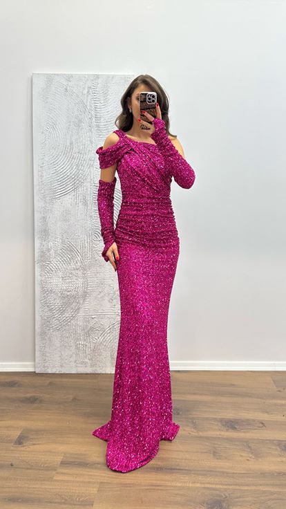 Fuşya Tek Omuz Pul Payet Abiye Elbise