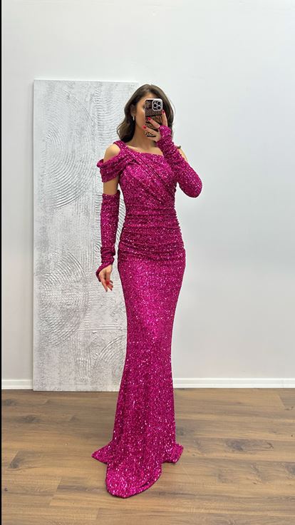 Fuşya Tek Omuz Pul Payet Abiye Elbise