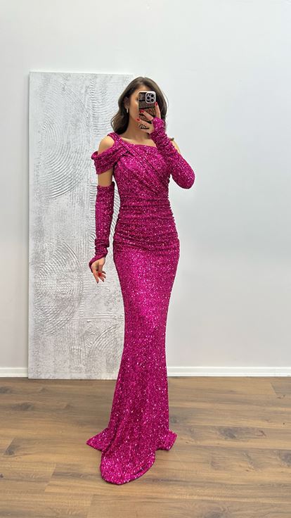 Fuşya Tek Omuz Pul Payet Abiye Elbise
