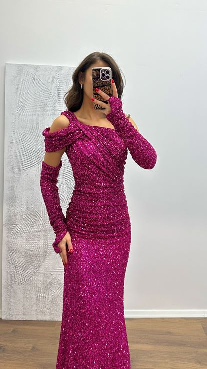 Fuşya Tek Omuz Pul Payet Abiye Elbise