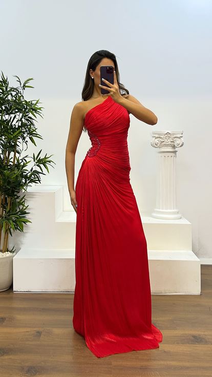 Kırmızı Tek Omuz Bel Detay Şifon Abiye Elbise