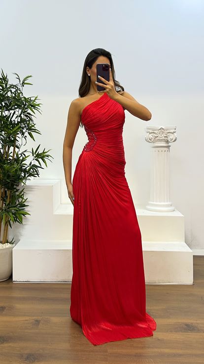 Kırmızı Tek Omuz Bel Detay Şifon Abiye Elbise