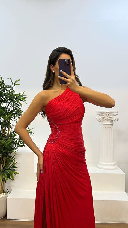 Kırmızı Tek Omuz Bel Detay Şifon Abiye Elbise