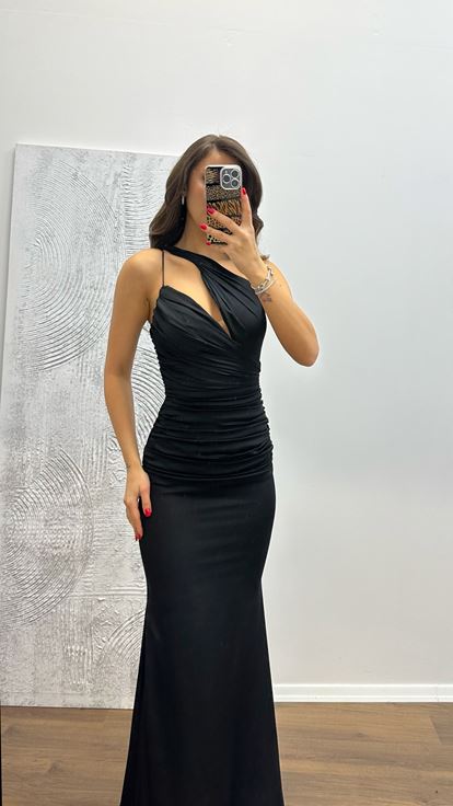 Schwarzes One-Shoulder-Abendkleid aus Satin