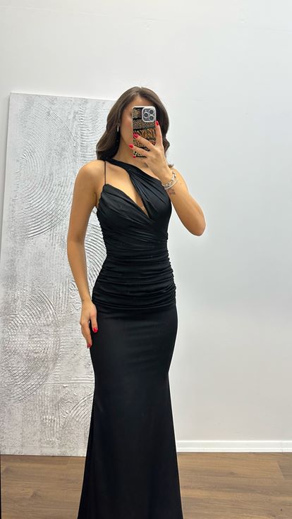 Schwarzes One-Shoulder-Abendkleid aus Satin