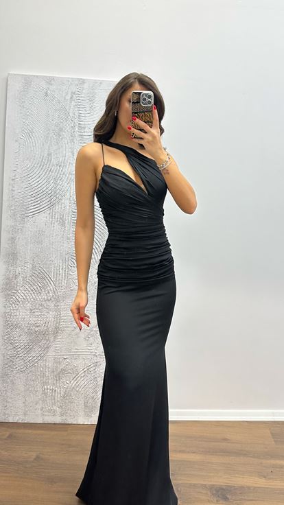 Schwarzes One-Shoulder-Abendkleid aus Satin