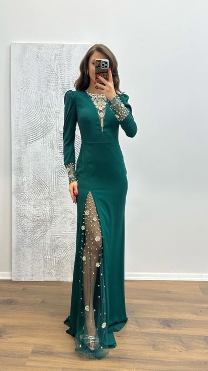 Emerald Embroidery Detail Evening Dress