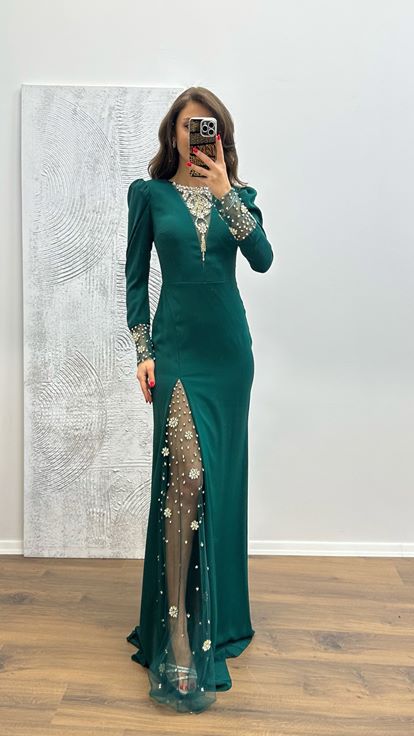 Emerald Embroidery Detail Evening Dress
