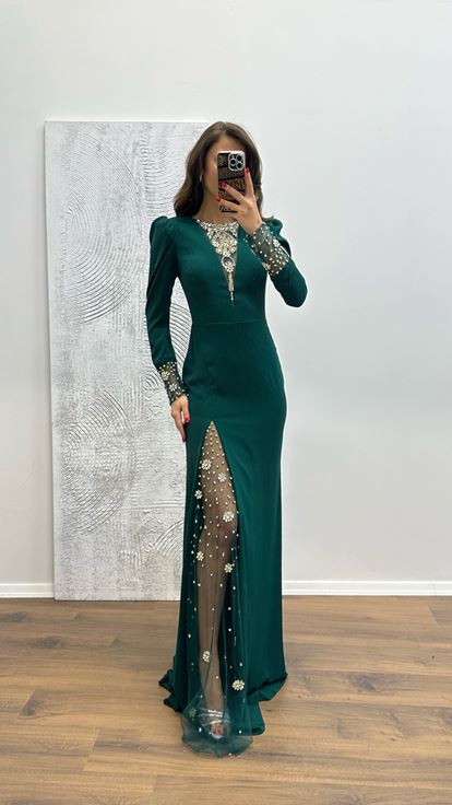 Emerald Embroidery Detail Evening Dress