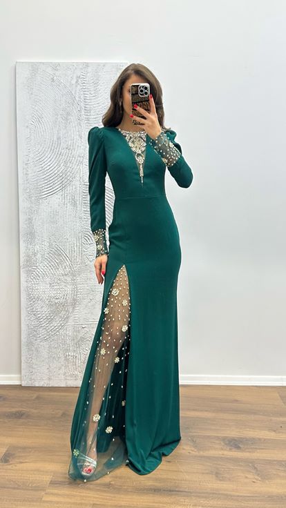 Emerald Embroidery Detail Evening Dress