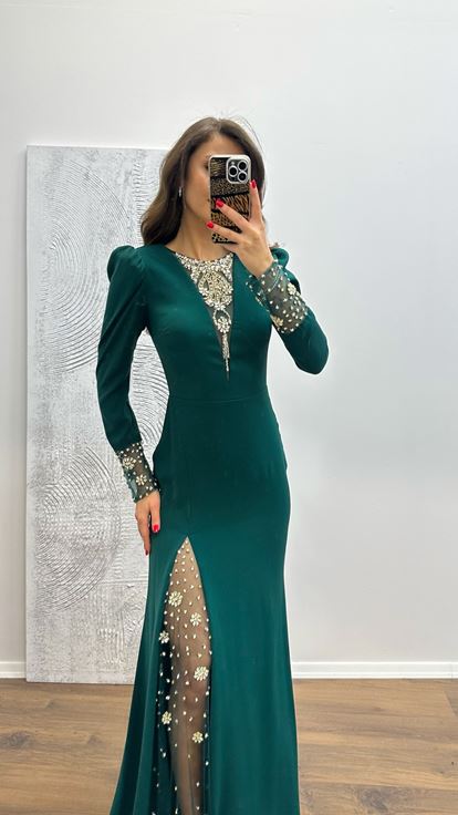 Emerald Embroidery Detail Evening Dress