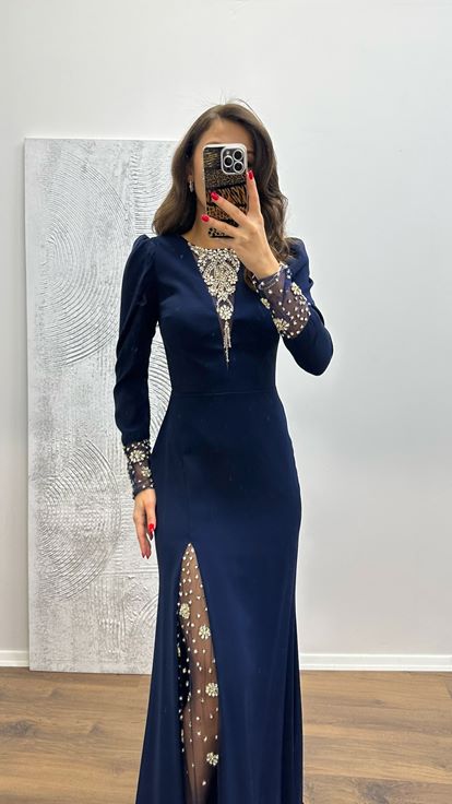 Navy Blue Embroidered Detail Evening Dress