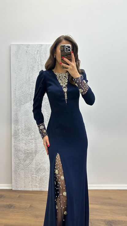 Navy Blue Embroidered Detail Evening Dress