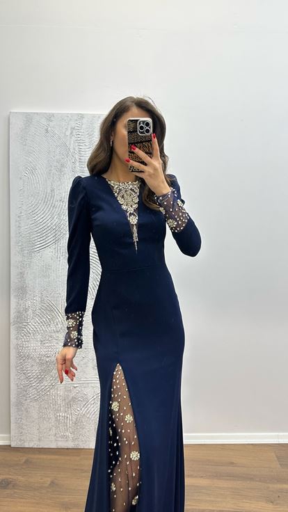 Navy Blue Embroidered Detail Evening Dress