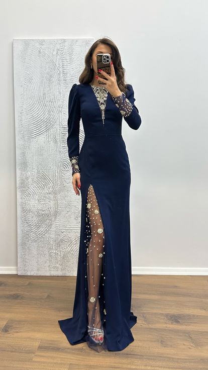 Navy Blue Embroidered Detail Evening Dress