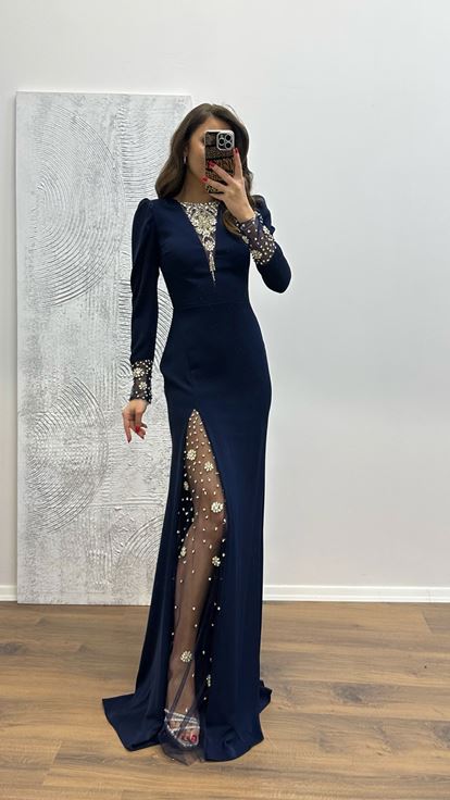 Navy Blue Embroidered Detail Evening Dress