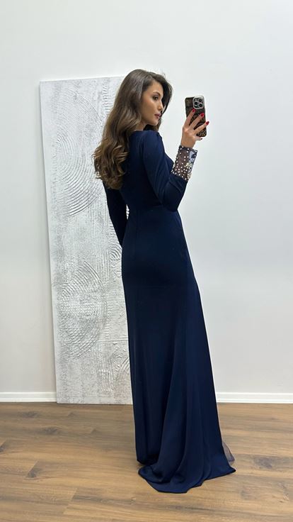 Navy Blue Embroidered Detail Evening Dress