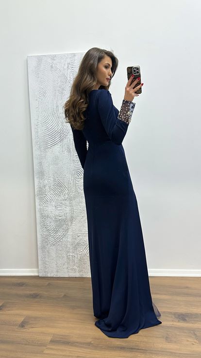 Navy Blue Embroidered Detail Evening Dress