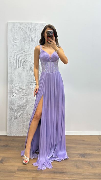 Lilac Strappy Embroidered Evening Dress