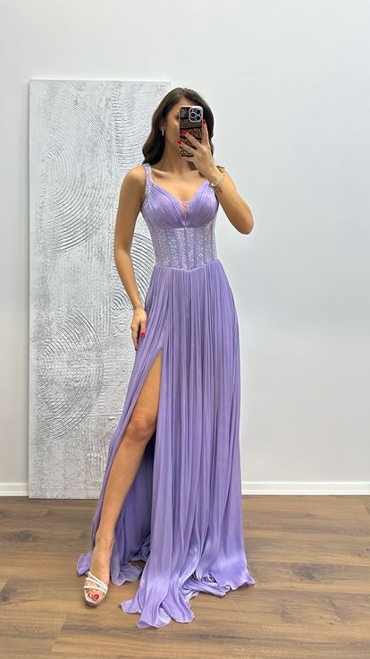 Lilac Strappy Embroidered Evening Dress
