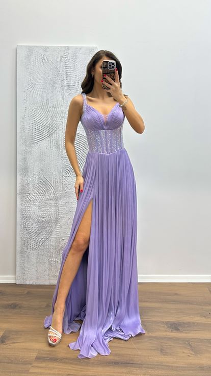 Lilac Strappy Embroidered Evening Dress