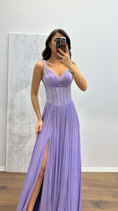 Lilac Strappy Embroidered Evening Dress