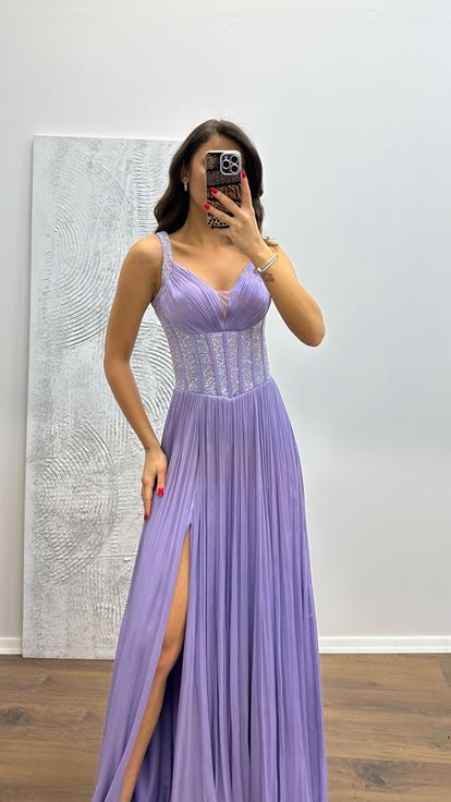 Lilac Strappy Embroidered Evening Dress
