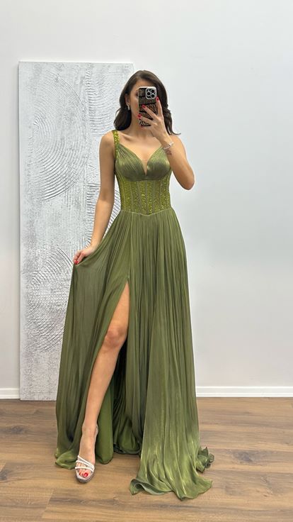 Khaki Strapless Embroidered Detail Evening Dress