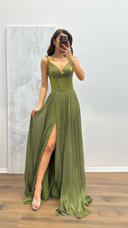 Khaki Strapless Embroidered Detail Evening Dress
